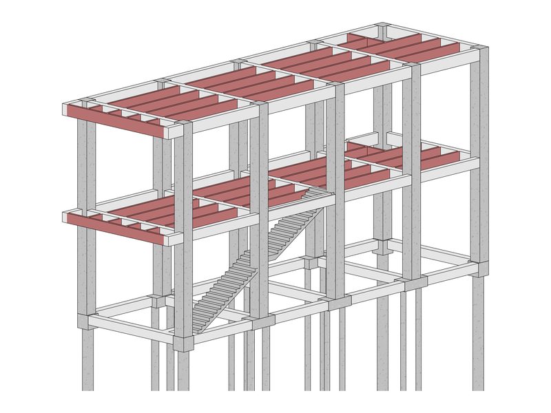 Modelo estructural del almacén en Armenia: dos niveles en pórticos de concreto sobre pilotes de 14 m, diseño de CRÉER