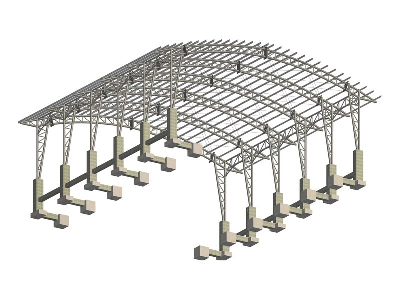 Modelo 3D de cubierta metálica en arcos de 24,55 m de luz para coliseo en San Francisco, Antioquia
